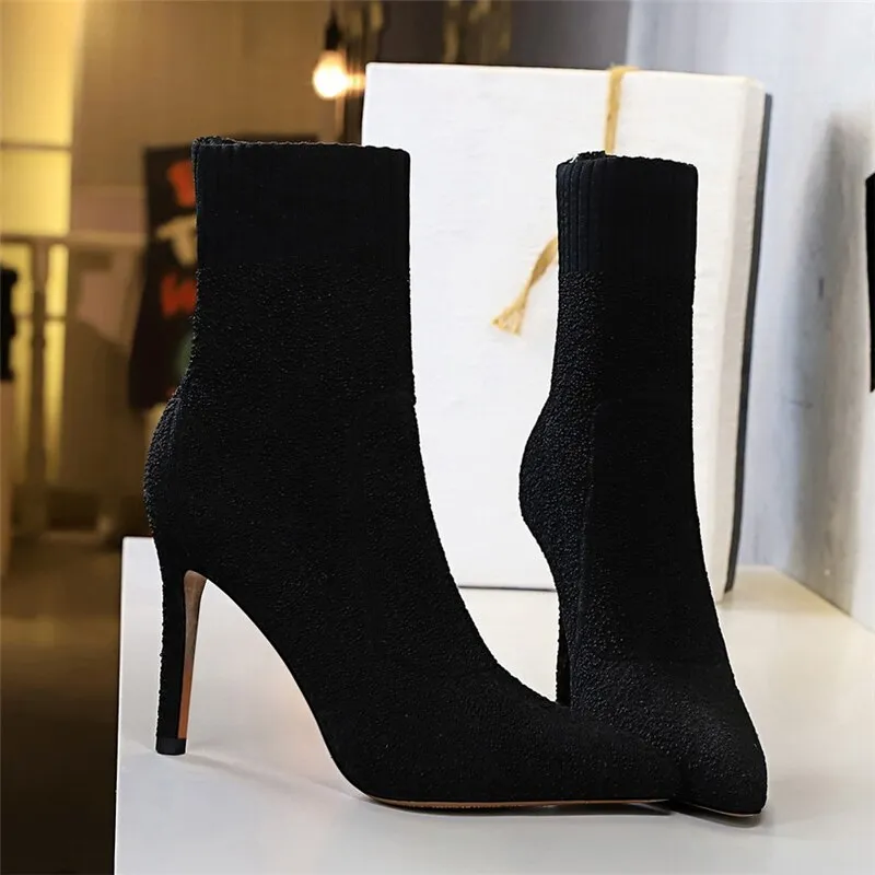 Amozae-Women Fashion 9.5cm High Heels Pumps Pointed Toe Ankle Boots Nightclub Fashion Boots Winter Heels Sock Burgundy   Shoes