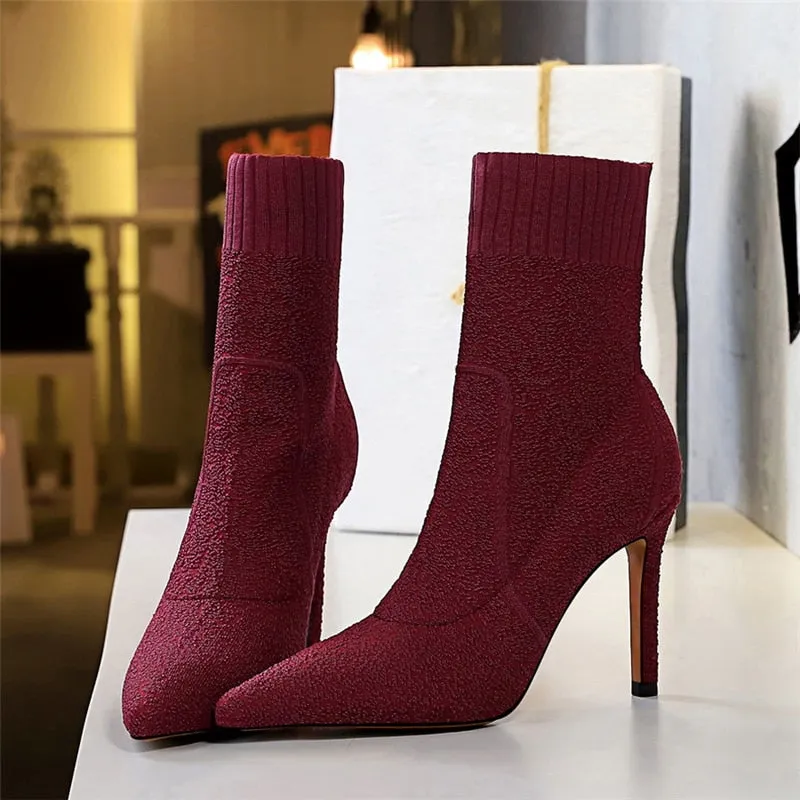Amozae-Women Fashion 9.5cm High Heels Pumps Pointed Toe Ankle Boots Nightclub Fashion Boots Winter Heels Sock Burgundy   Shoes