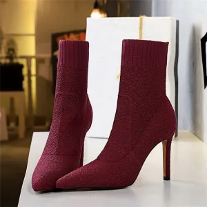 Amozae-Women Fashion 9.5cm High Heels Pumps Pointed Toe Ankle Boots Nightclub Fashion Boots Winter Heels Sock Burgundy   Shoes