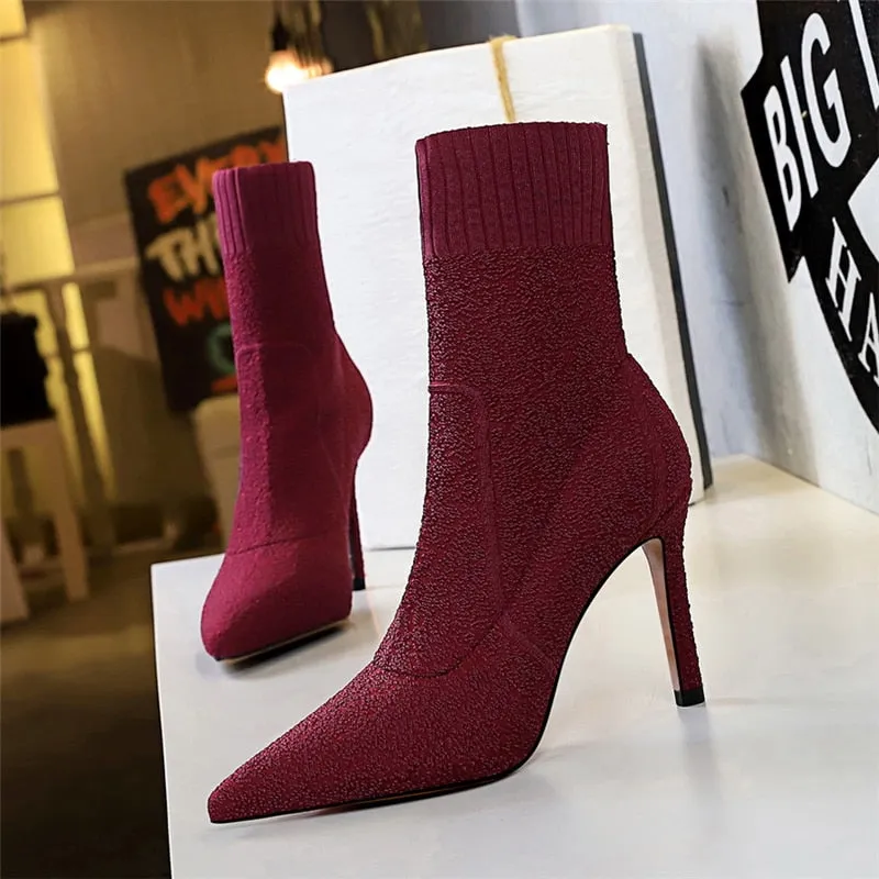 Amozae-Women Fashion 9.5cm High Heels Pumps Pointed Toe Ankle Boots Nightclub Fashion Boots Winter Heels Sock Burgundy   Shoes