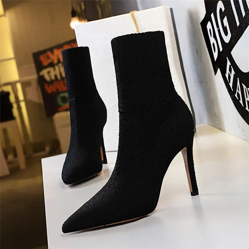 Amozae-Women Fashion 9.5cm High Heels Pumps Pointed Toe Ankle Boots Nightclub Fashion Boots Winter Heels Sock Burgundy   Shoes