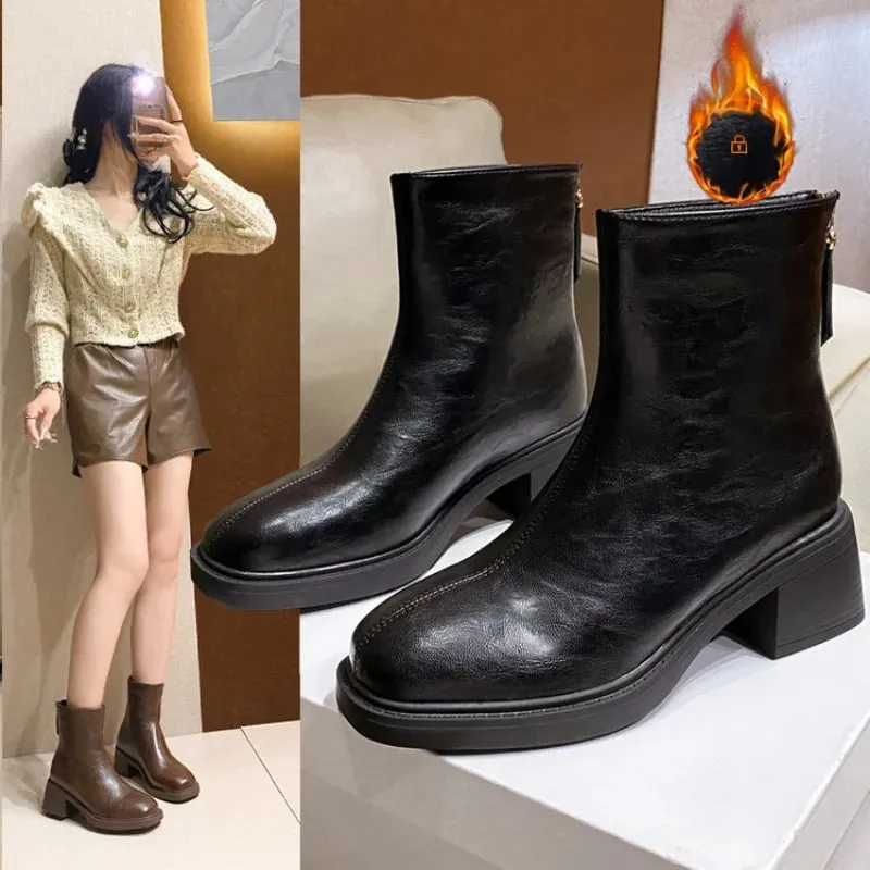 Joskaa Square Toe Women Ankle Boots Flock Stretch Shoes Thin Mid Heels Black/Brown/Beige Back Zipper Dress Sock Boots Woman Size 35-40