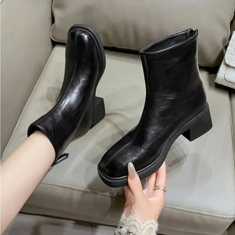 Joskaa Square Toe Women Ankle Boots Flock Stretch Shoes Thin Mid Heels Black/Brown/Beige Back Zipper Dress Sock Boots Woman Size 35-40