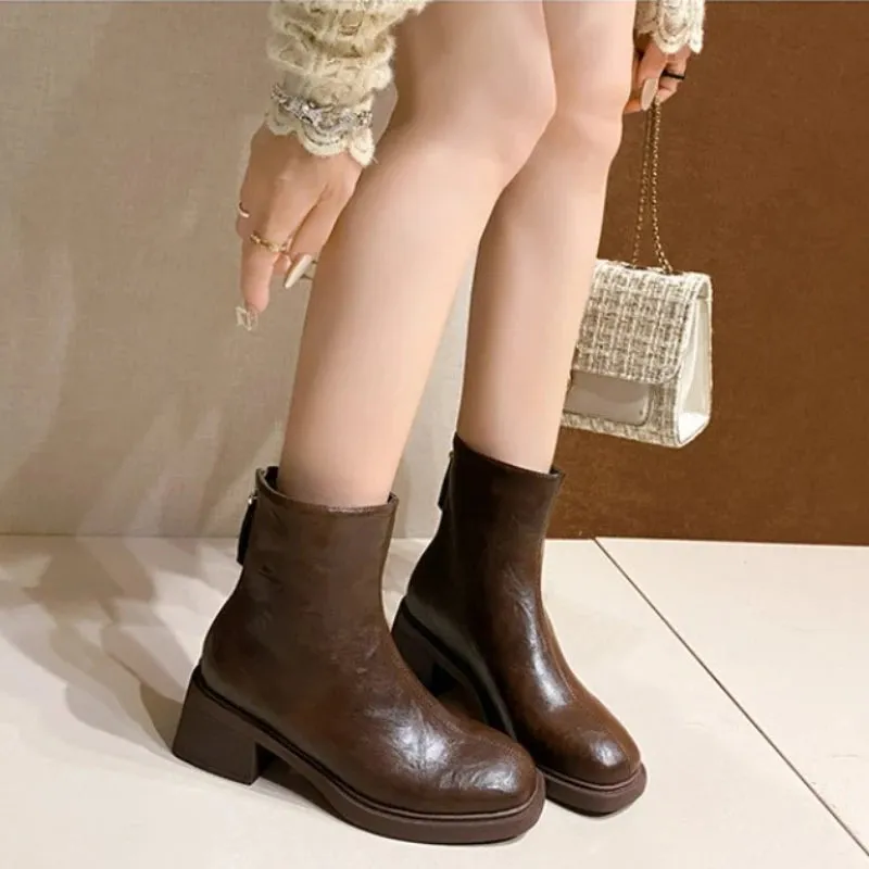 Joskaa Square Toe Women Ankle Boots Flock Stretch Shoes Thin Mid Heels Black/Brown/Beige Back Zipper Dress Sock Boots Woman Size 35-40