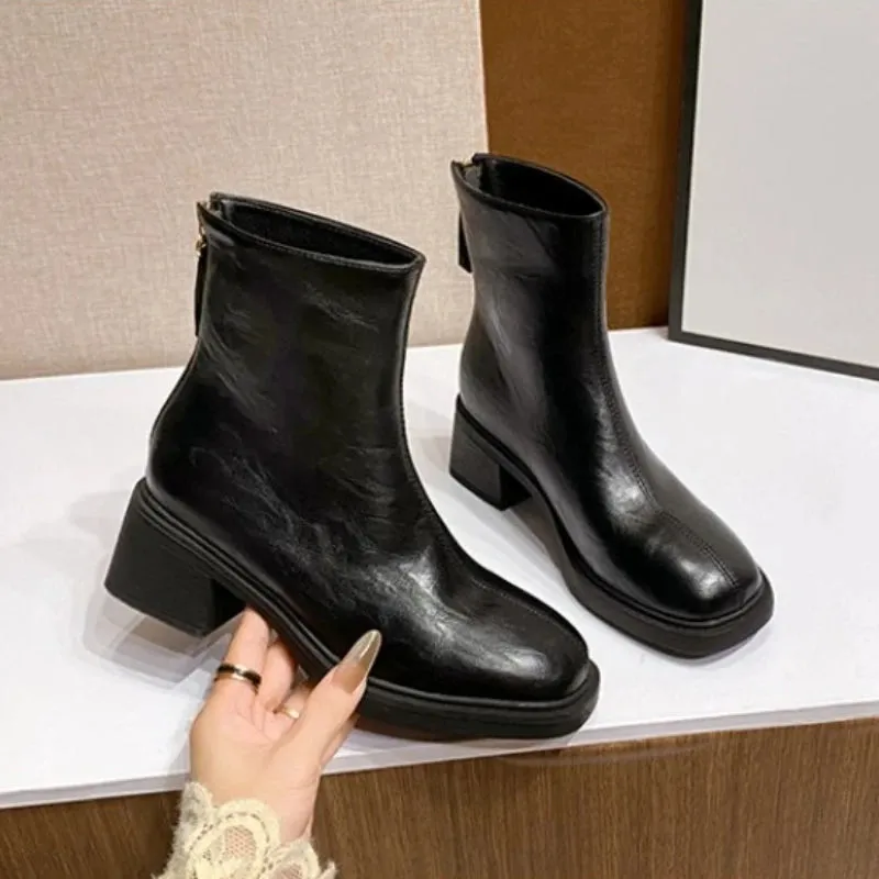 Joskaa Square Toe Women Ankle Boots Flock Stretch Shoes Thin Mid Heels Black/Brown/Beige Back Zipper Dress Sock Boots Woman Size 35-40