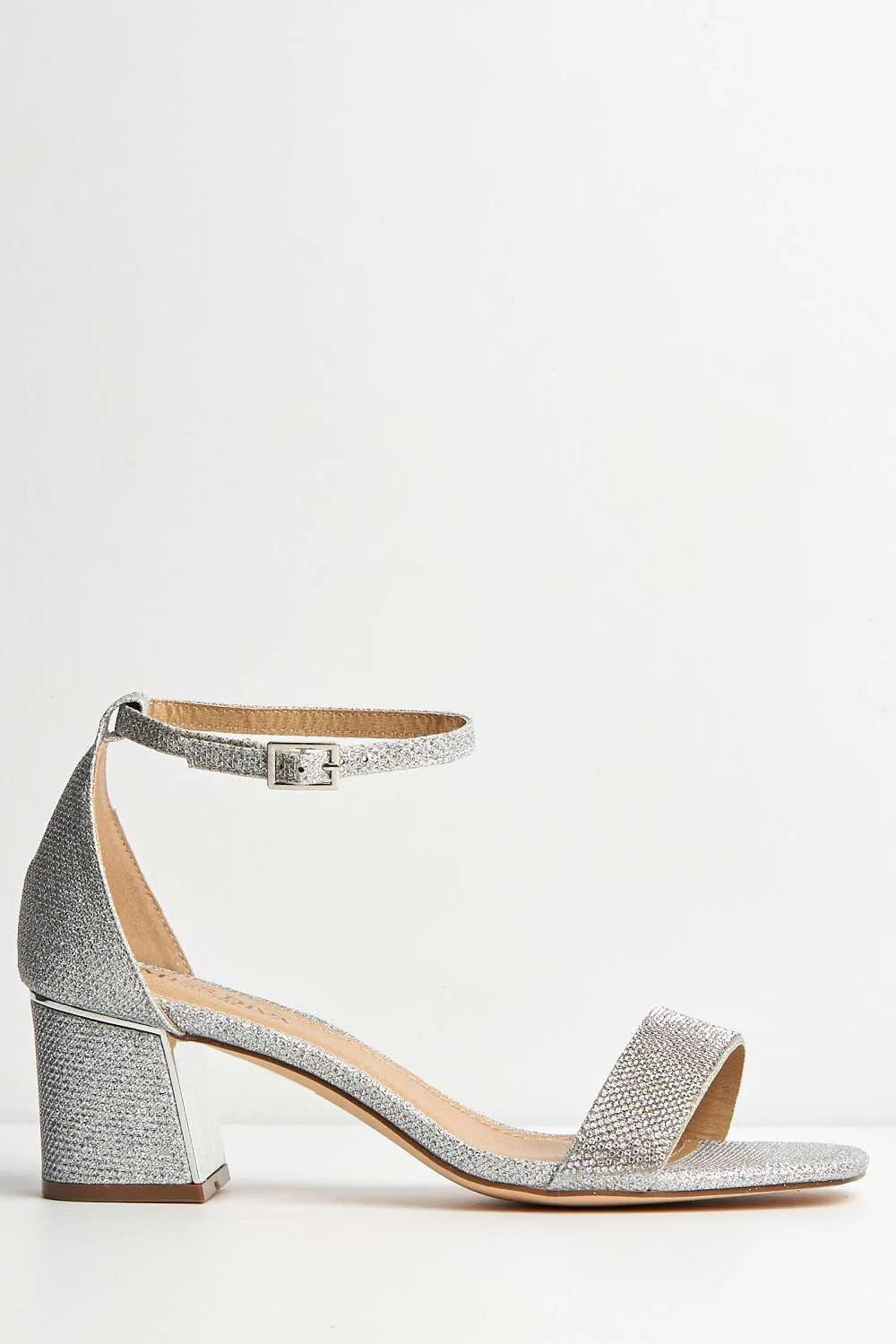 Kate Diamante Embellished Block Heel Ankle Strap Wide Fit Sandal in Silver