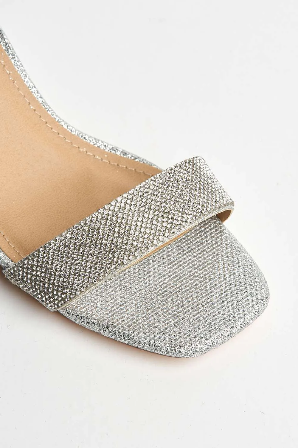 Kate Diamante Embellished Block Heel Ankle Strap Wide Fit Sandal in Silver