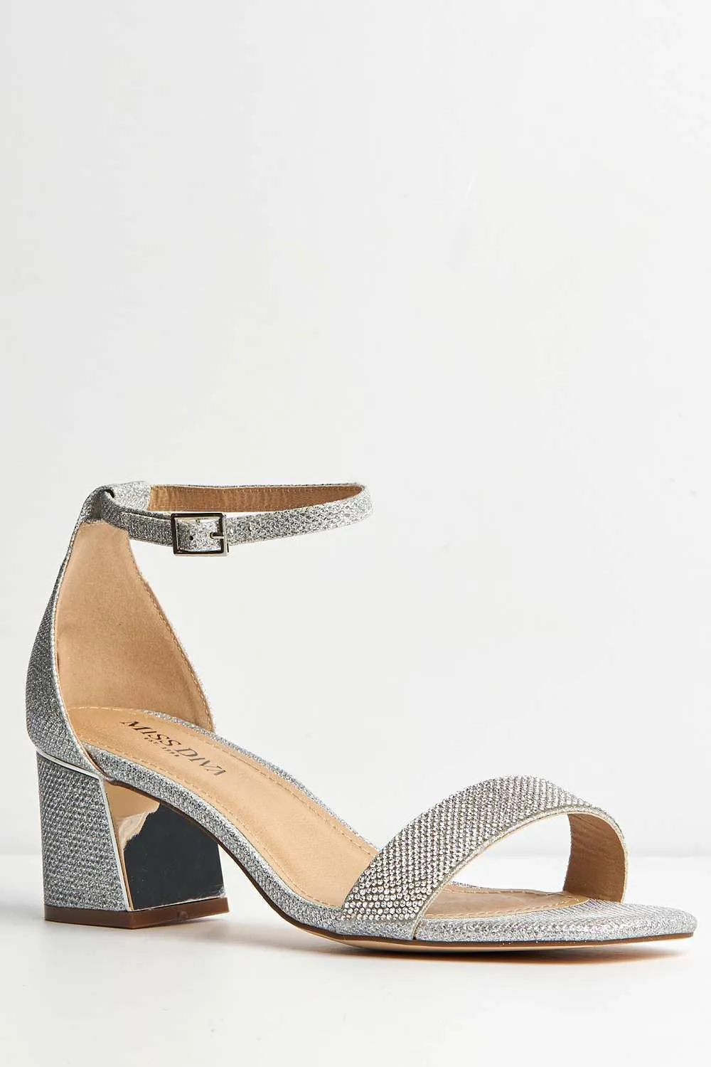 Kate Diamante Embellished Block Heel Ankle Strap Wide Fit Sandal in Silver