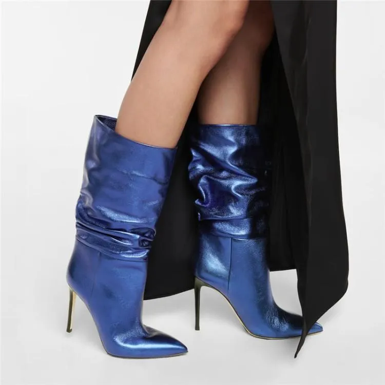 PINIY Stiletto Heel Leather Slouchy Ankle Boots