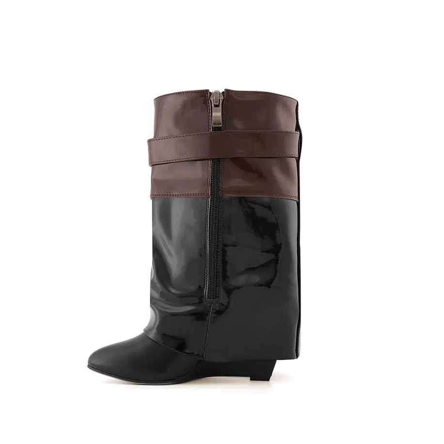 QAMRA Patent Leather Wedged Heel Ankle Boots