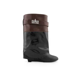 QAMRA Patent Leather Wedged Heel Ankle Boots