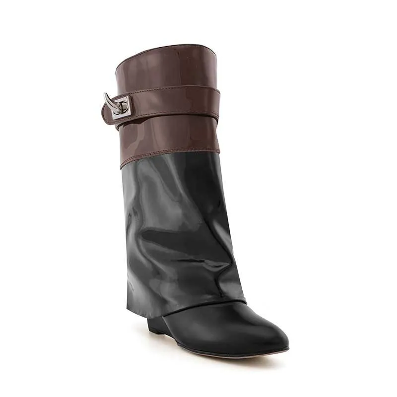 QAMRA Patent Leather Wedged Heel Ankle Boots