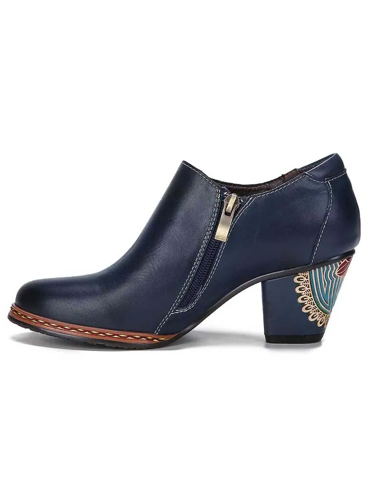 Retro Pattern Leather Zipper Pumps