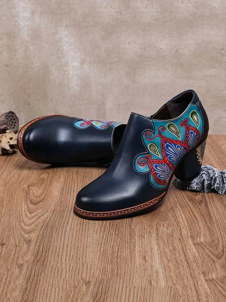 Retro Pattern Leather Zipper Pumps