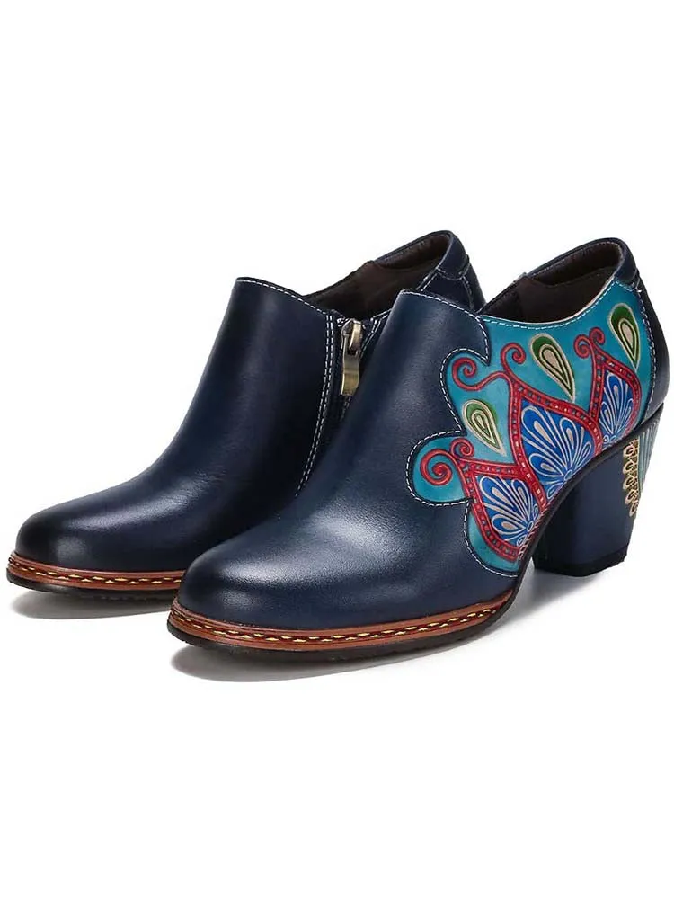 Retro Pattern Leather Zipper Pumps