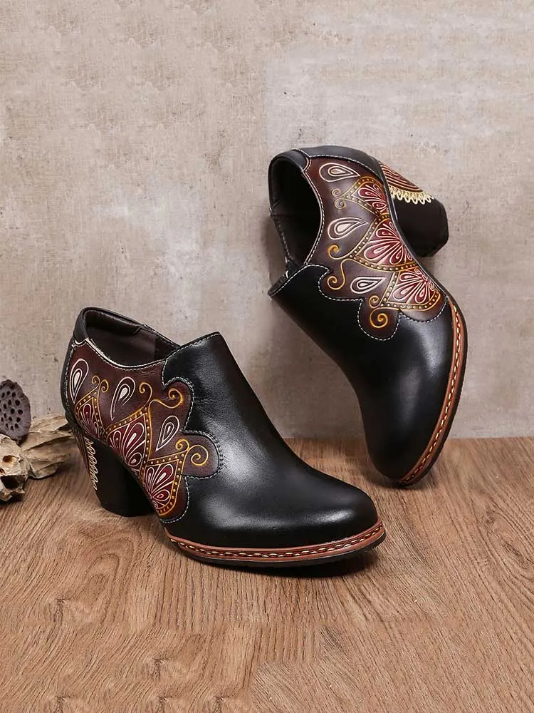 Retro Pattern Leather Zipper Pumps