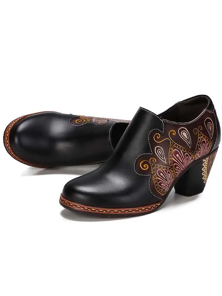 Retro Pattern Leather Zipper Pumps