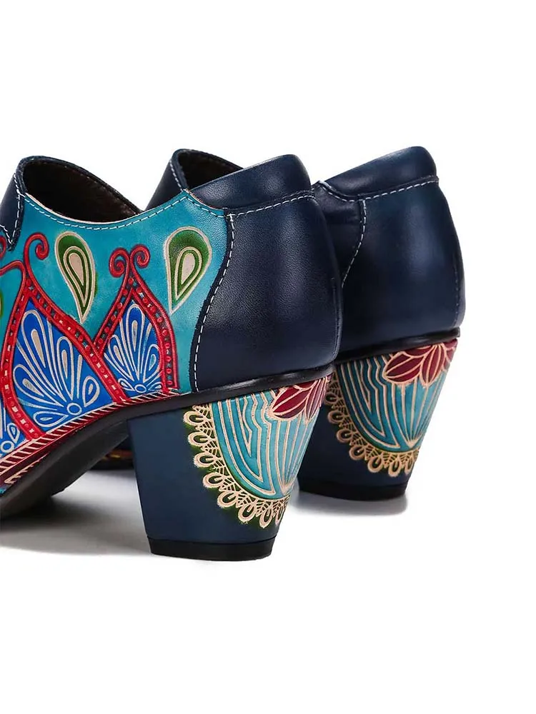 Retro Pattern Leather Zipper Pumps