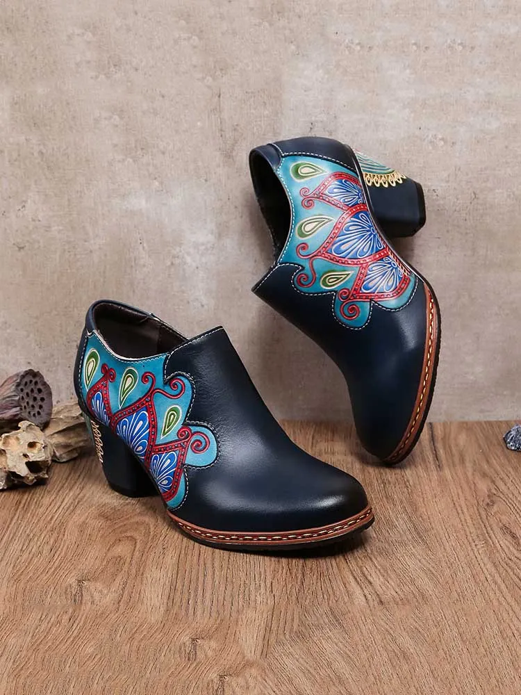 Retro Pattern Leather Zipper Pumps