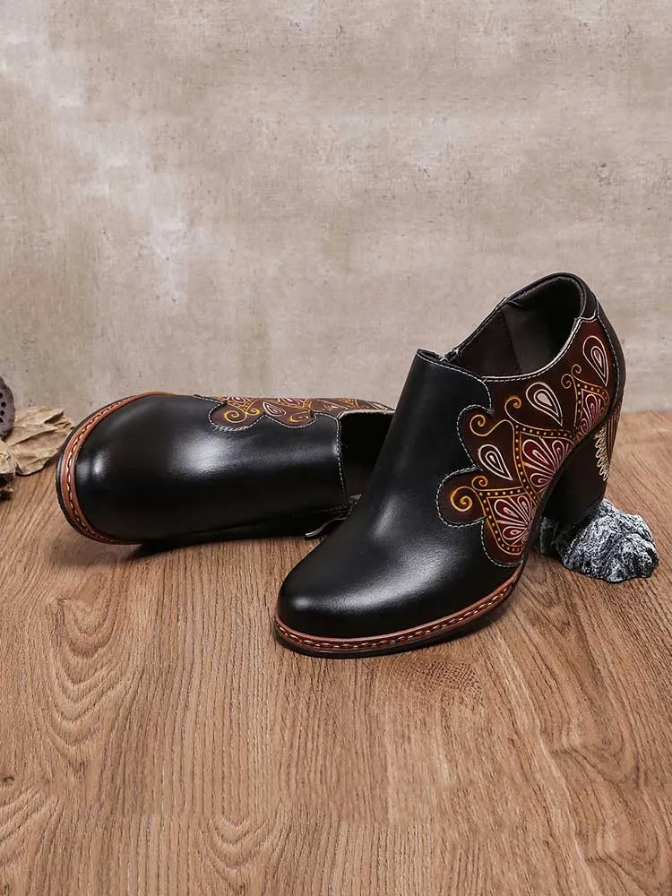Retro Pattern Leather Zipper Pumps