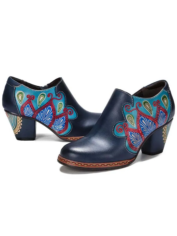 Retro Pattern Leather Zipper Pumps