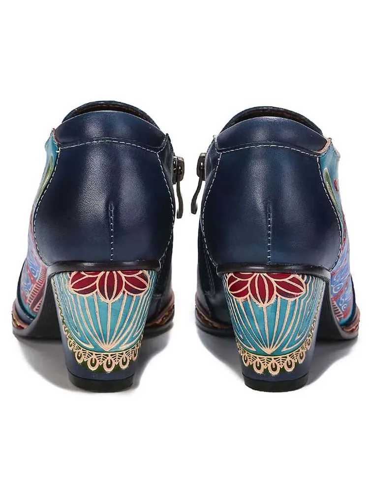 Retro Pattern Leather Zipper Pumps