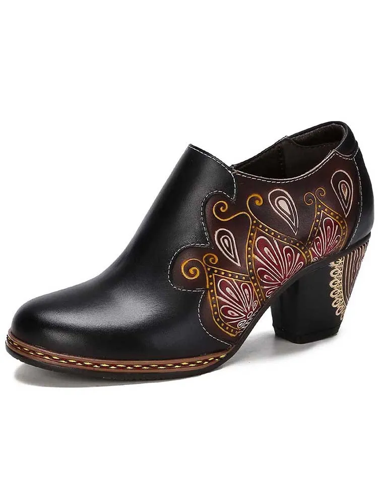 Retro Pattern Leather Zipper Pumps