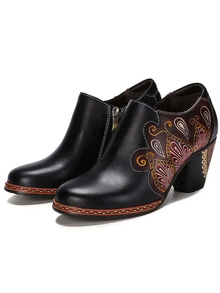 Retro Pattern Leather Zipper Pumps