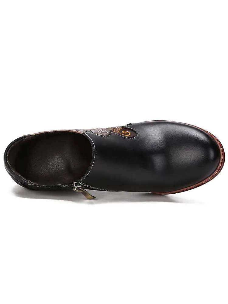 Retro Pattern Leather Zipper Pumps