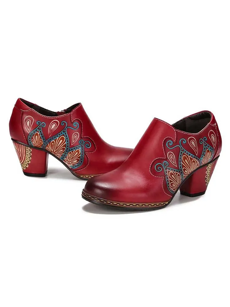 Retro Pattern Leather Zipper Pumps