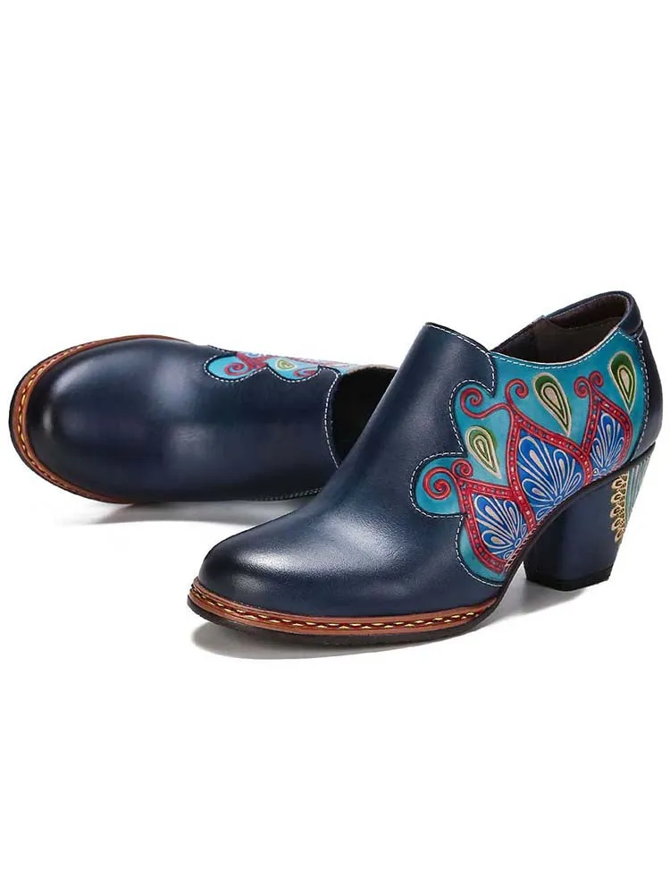 Retro Pattern Leather Zipper Pumps