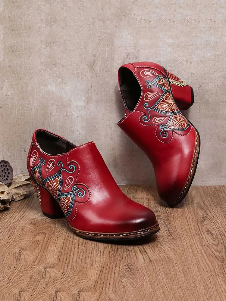 Retro Pattern Leather Zipper Pumps