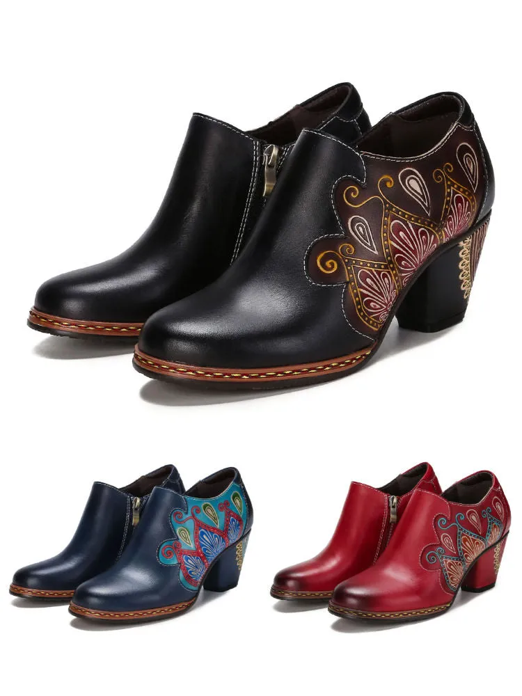 Retro Pattern Leather Zipper Pumps