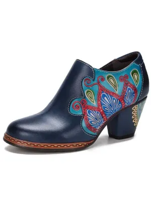 Retro Pattern Leather Zipper Pumps