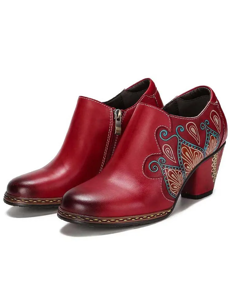 Retro Pattern Leather Zipper Pumps