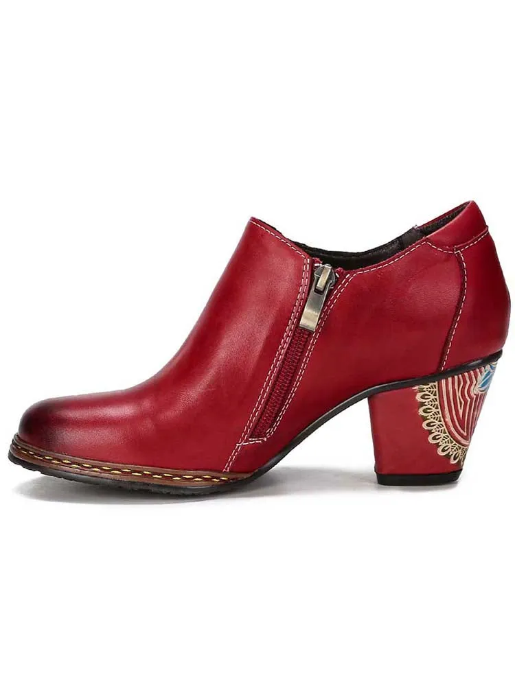 Retro Pattern Leather Zipper Pumps