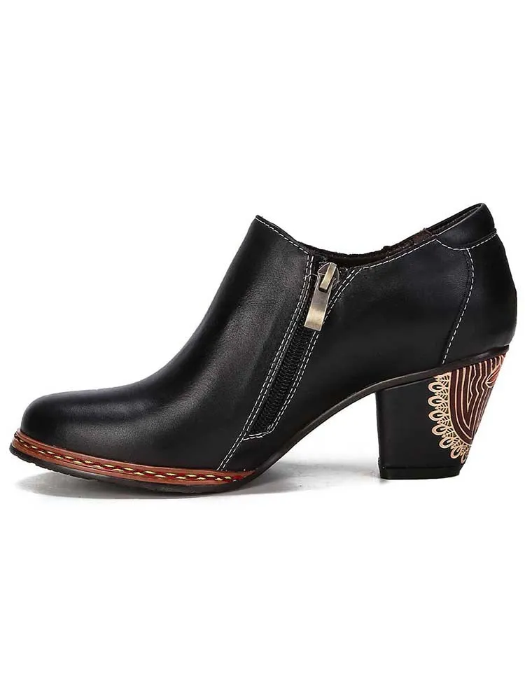 Retro Pattern Leather Zipper Pumps