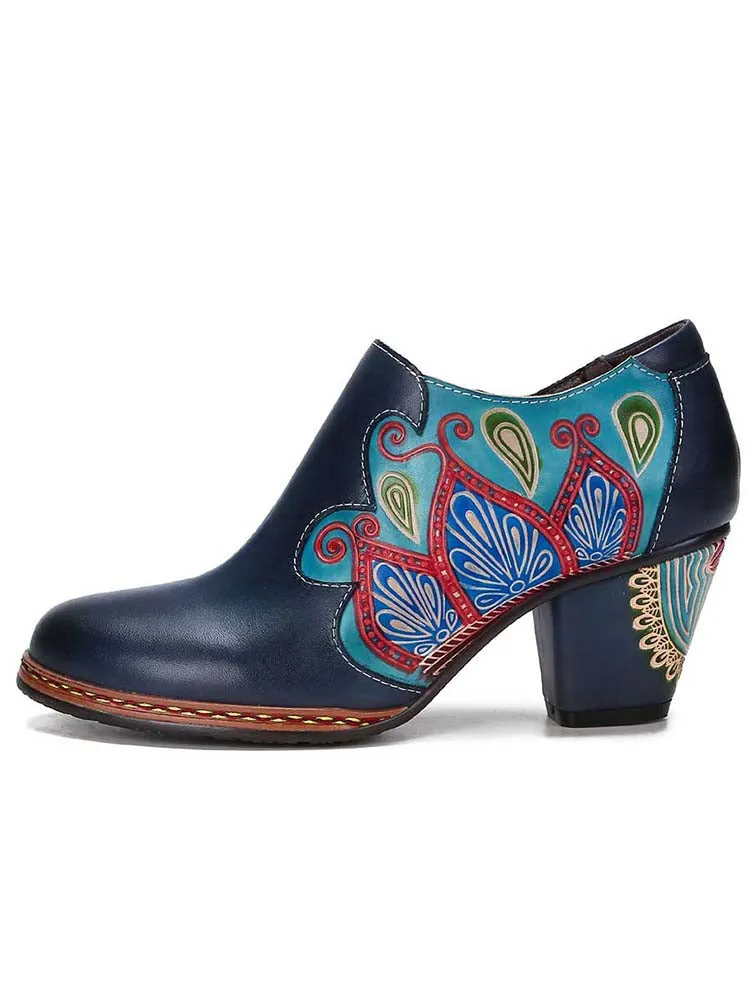 Retro Pattern Leather Zipper Pumps
