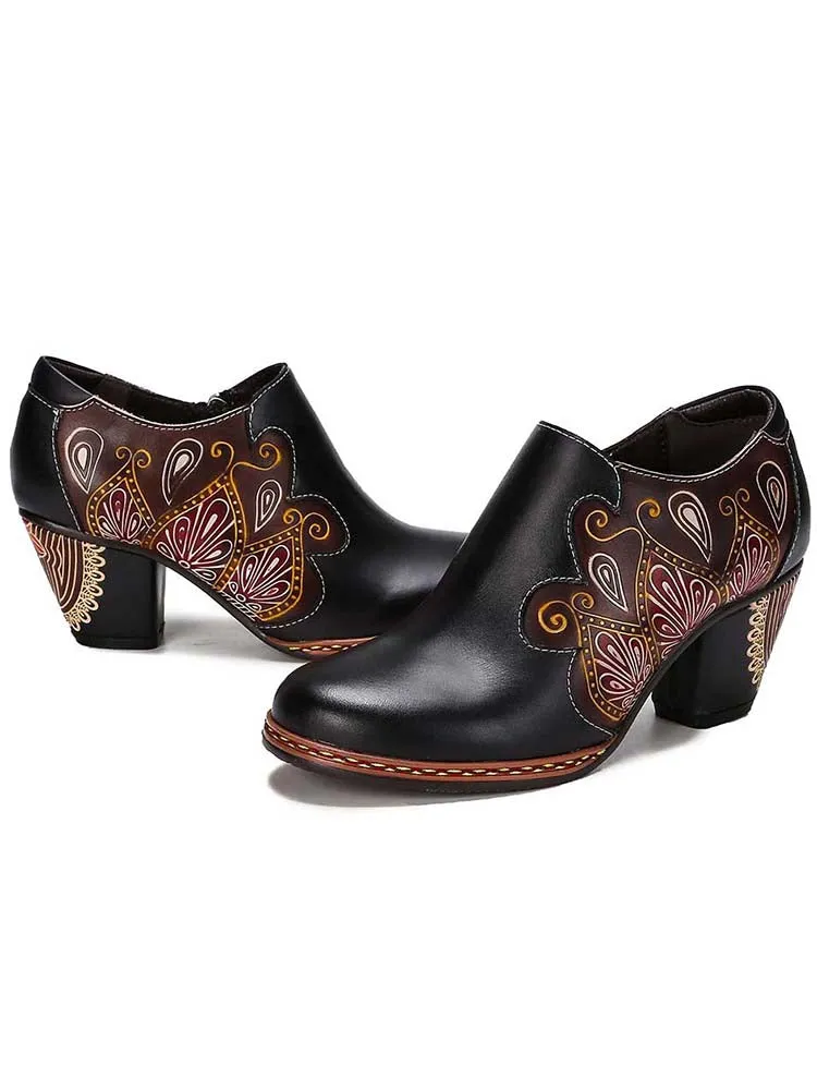 Retro Pattern Leather Zipper Pumps