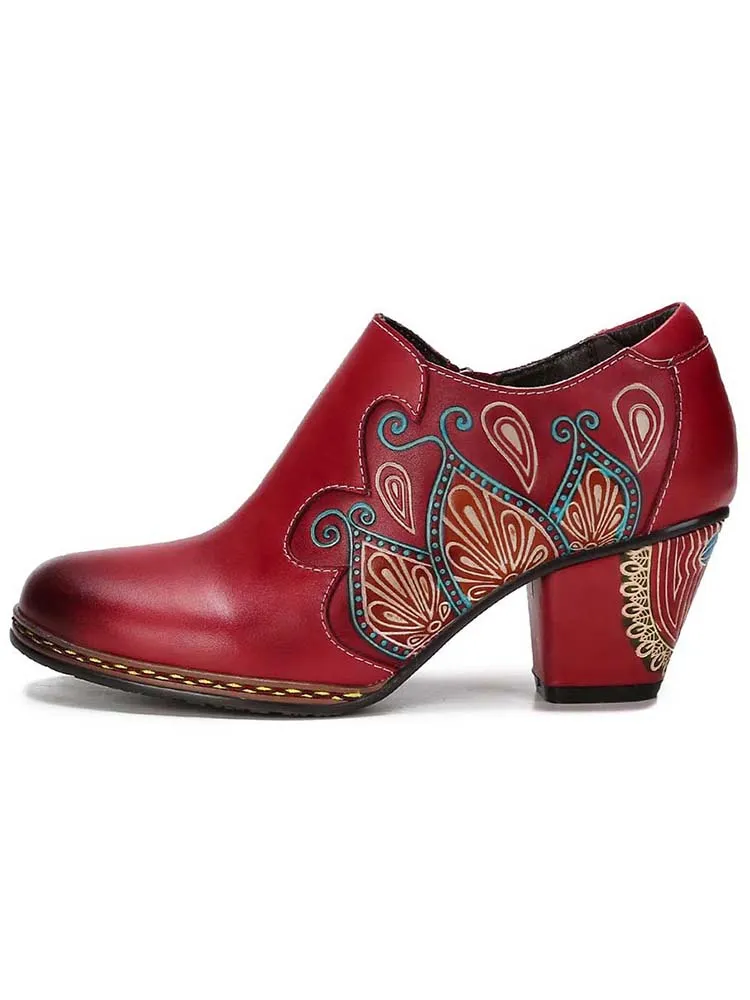 Retro Pattern Leather Zipper Pumps