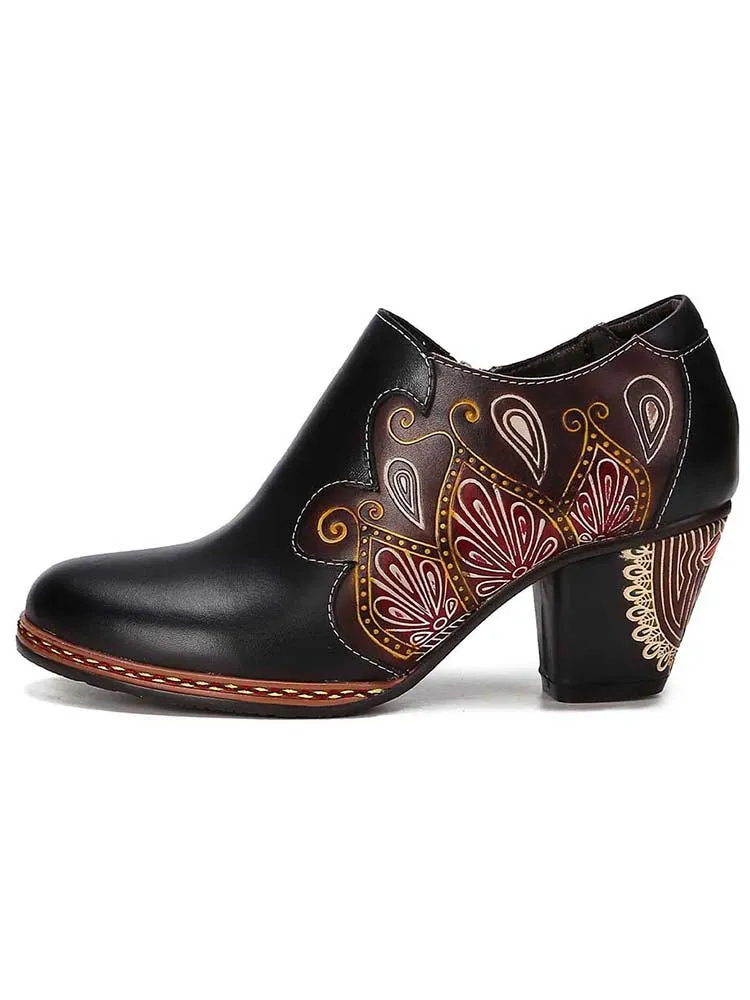 Retro Pattern Leather Zipper Pumps