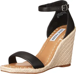 Steve Madden Submit Black Square Open Toe Fashion Buckle Closure Wedge Sandals